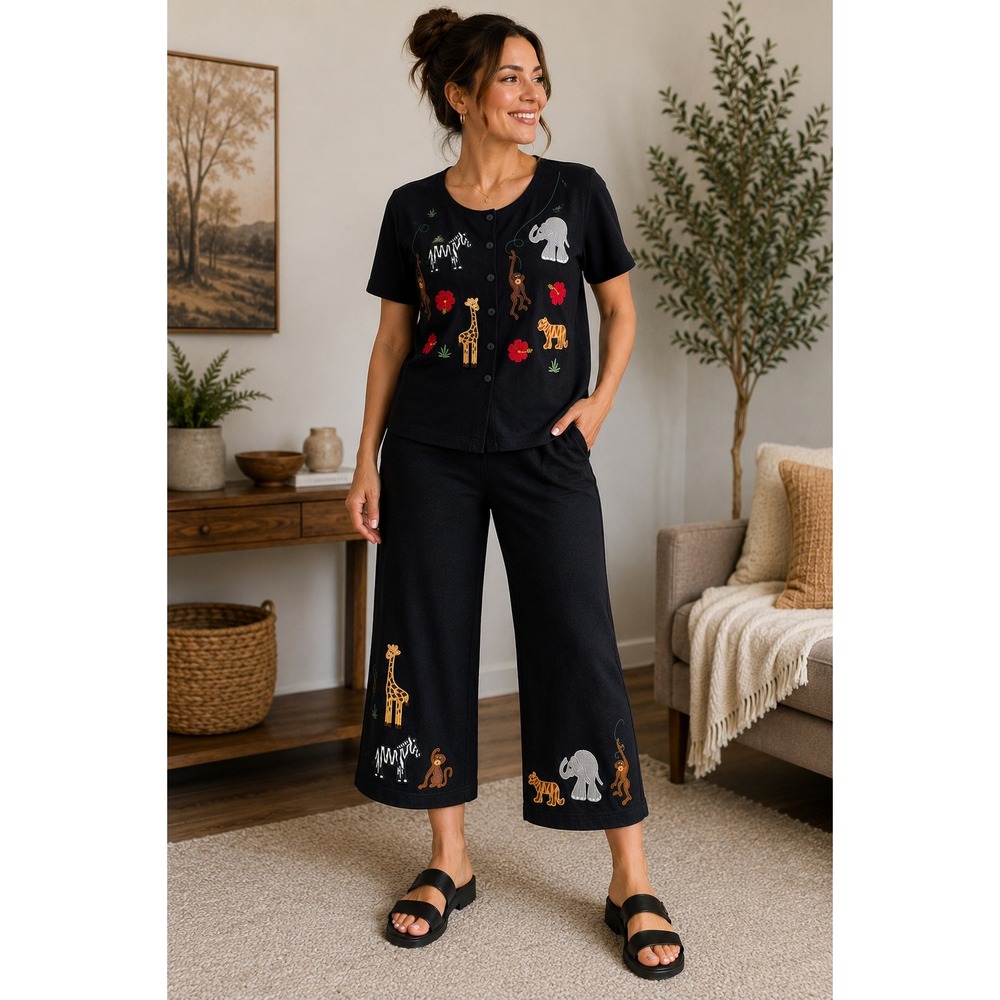 Vintage Bechamel Outfit Set Black Embroidered Safari Animal Cotton Novelty Sz L